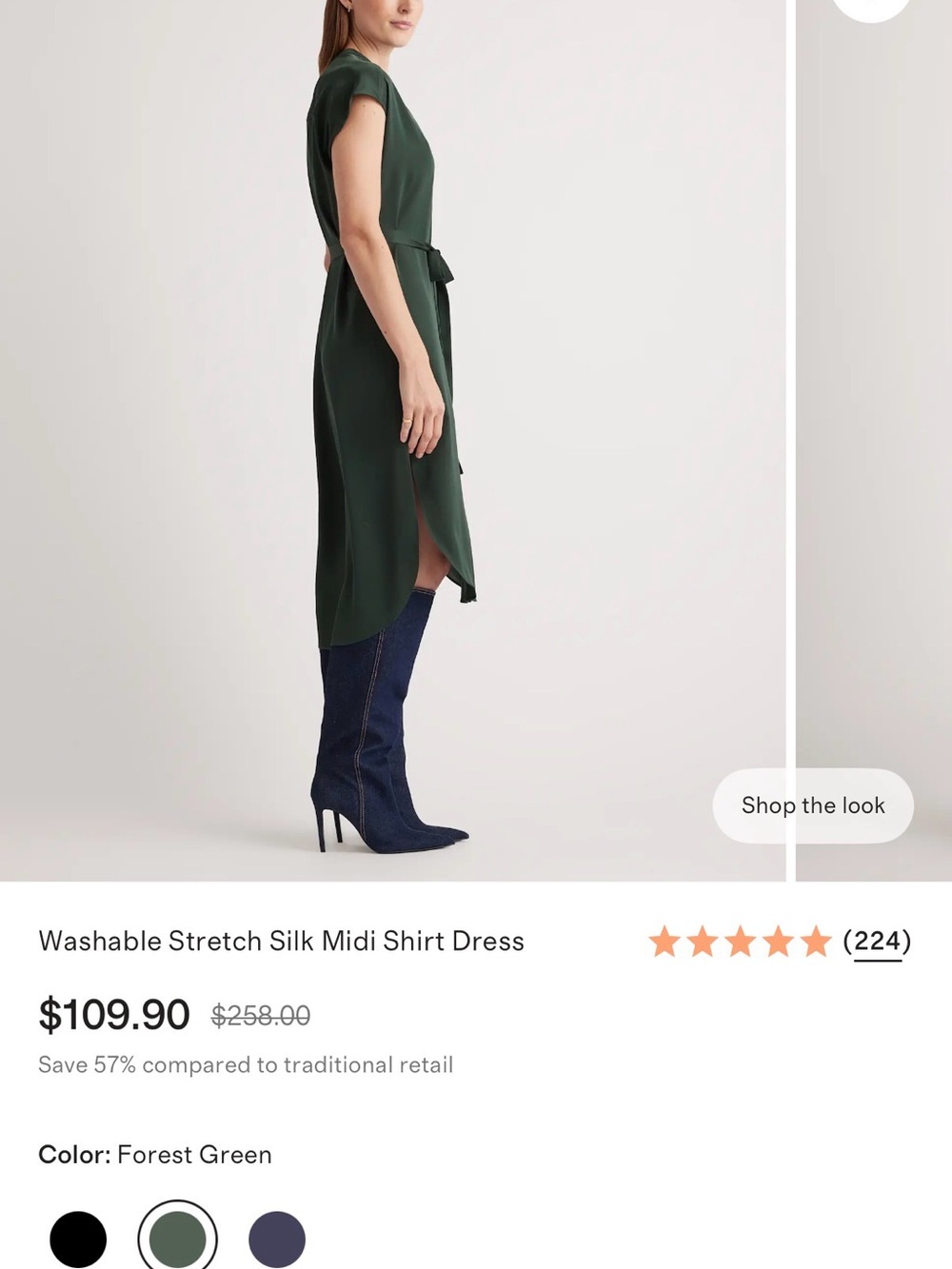 Quince Forest Green Washable Stretch Silk Midi Shirt Dress